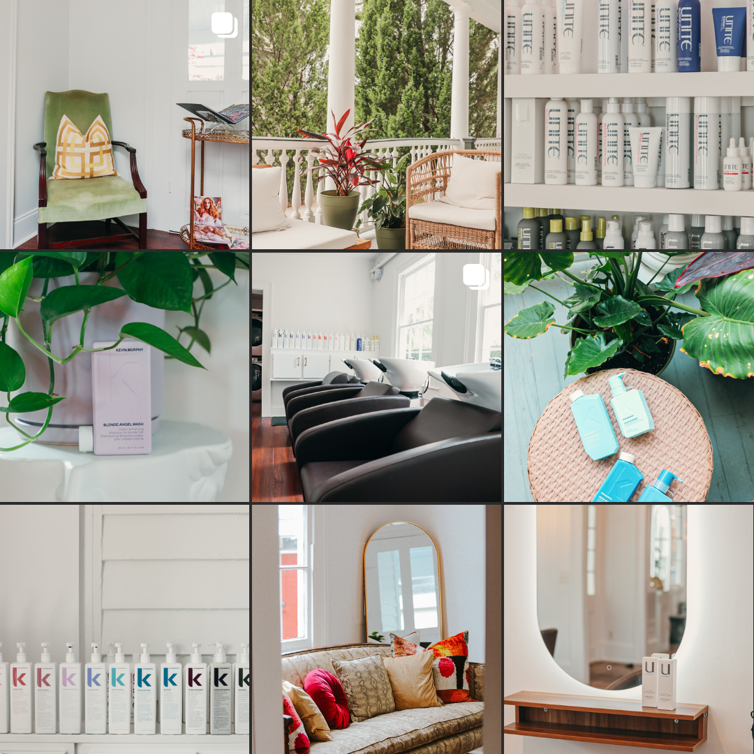Common Citizen interior collage — wicker piazza chairs, vintage couch, oval mirror, plants, gallery shelf with product.