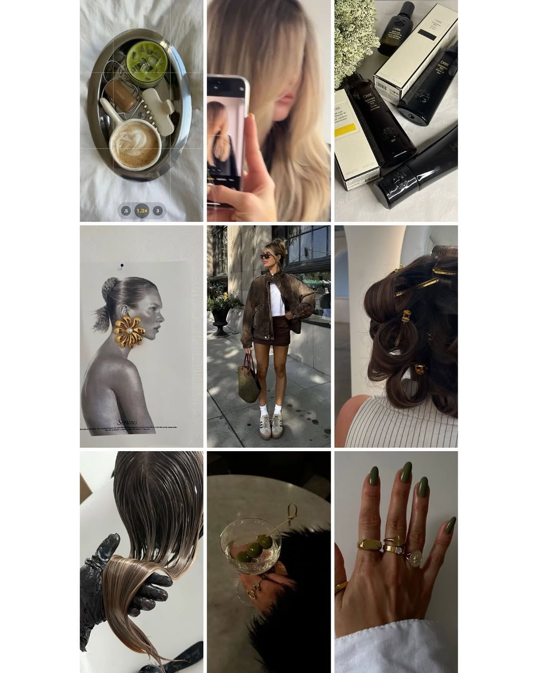 Common Citizen mood-board — matcha latte, blonde balayage, Oribe haircare products, vintage magazine, sneakers on pavement, wet hair, olive martini, olive-green manicure.